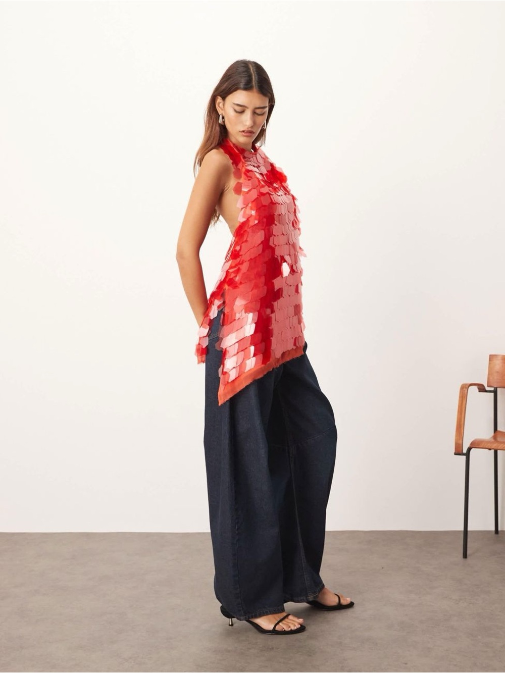 ASOS DESIGN NWT Red Sequin Longline Halter Top in red